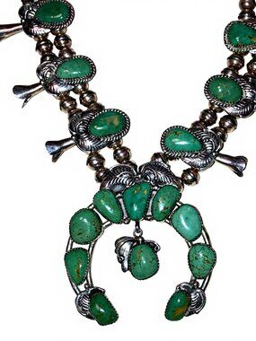 Vintage Navajo Royston Turquoise Squash Blossom Necklace Sterling Silver 150g